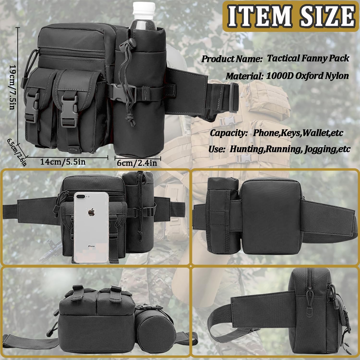 Taeku Tactical Waterproof Fanny Pack with Detachable Water Bottle Holder